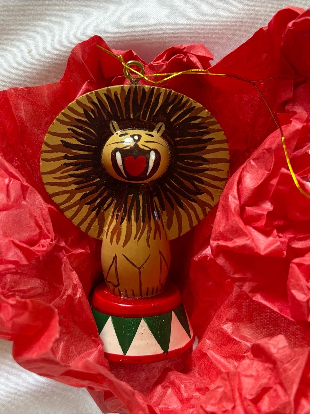 Vintage Avon Wooden Circus Lion Ornament Hand-Painted in Gold and Red